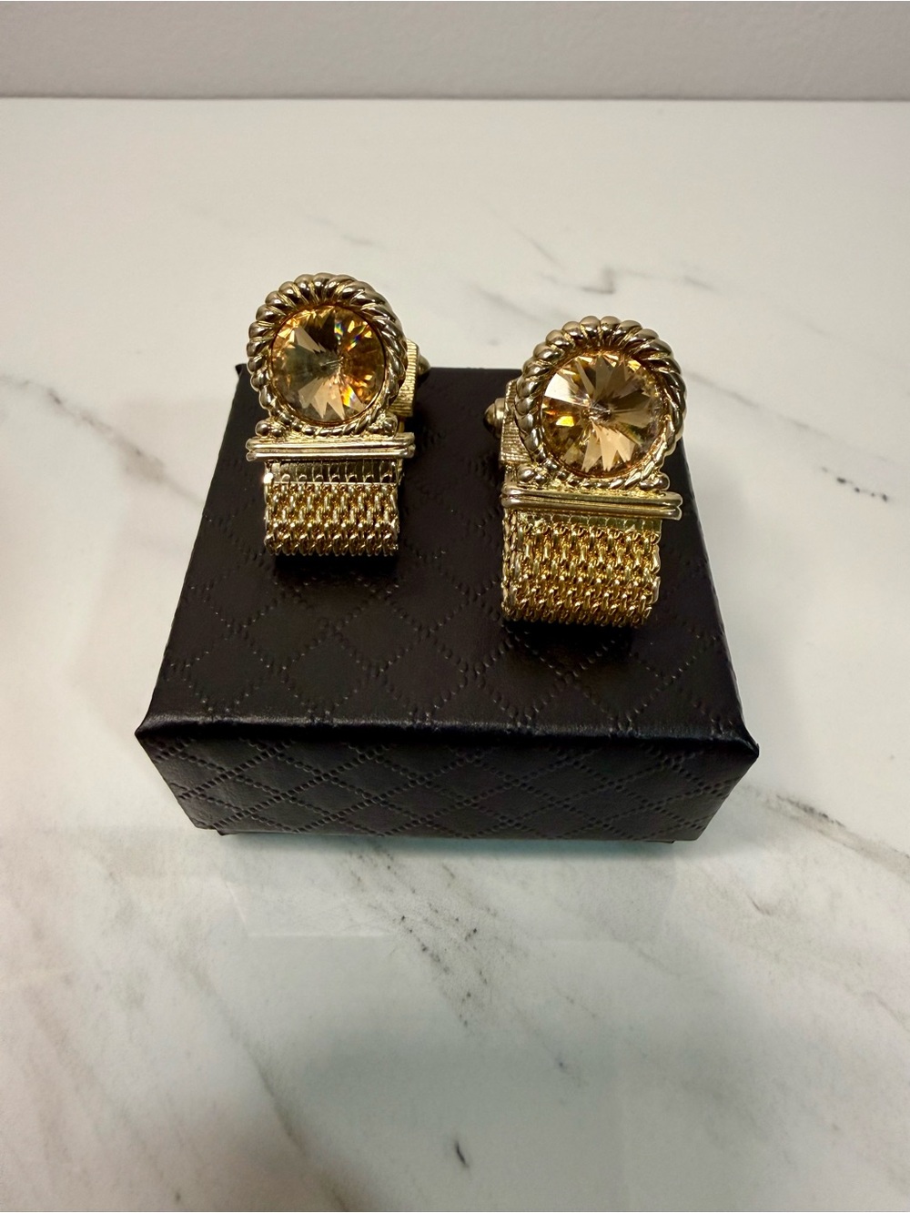 Gold Tone Mesh Cufflinks with Faceted Crystal Accent - Picture 4 of 10
